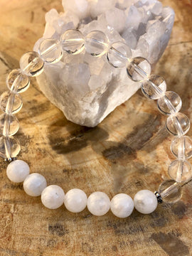 Rainbow Moonstone & Crystal Quartz Stretch Bracelet! Genuine Crystals!