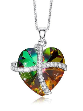 Crystals Rainbow Pave Heart Ribbon  Necklace